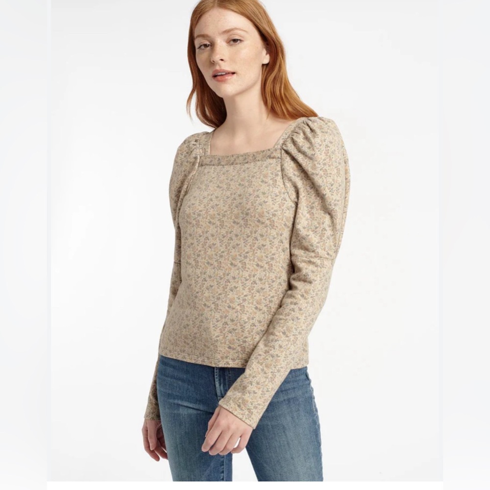 Splendid Square Neck Puff Sleeve beige Floral Top Josephine Sweatshirt size XL